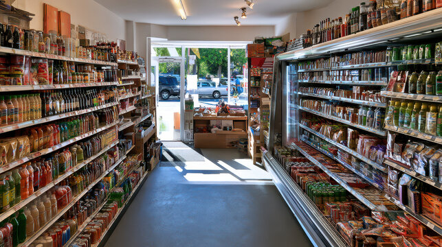 Grocery store interior showcasing shelves filled with various beverages and snacks, large open entrance allowing natural light to illuminate the space