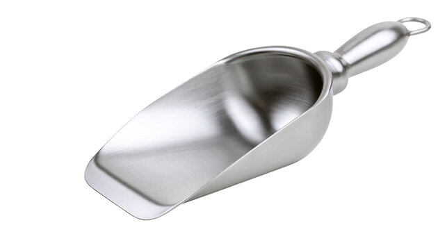 Polished metal scoop with a rounded handle, isolated on transparent background