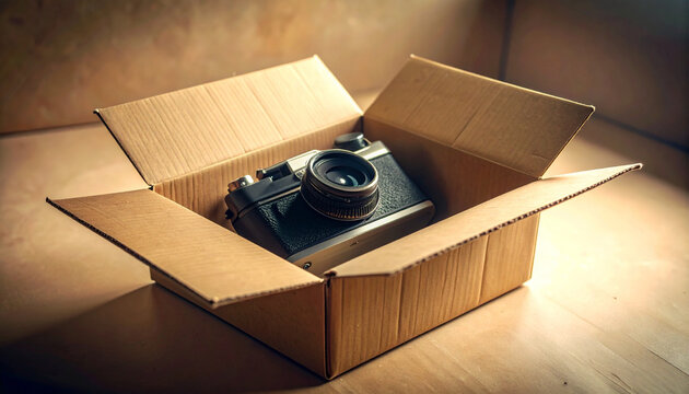 A vintage film camera rests inside an open cardboard box on a wooden floor, evoking a sense of nostalgia and old memories.
