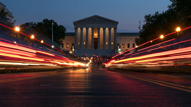 Supreme Court Building at Night with Traffic Light Trails