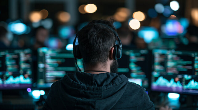 Programmer Working on Multiple Computer Screens at Night