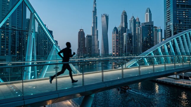 Man Running Across Modern Bridge with Dubai Skyline Background