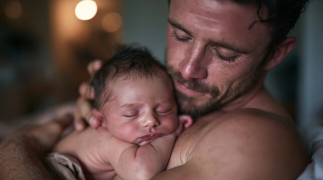Father Holding Sleeping Newborn Baby Skin to Skin