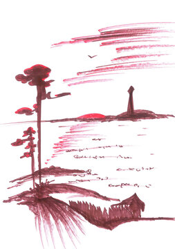 Stylized landscape with tall trees on the seashore and a tower on the horizon against the backdrop of the setting sun