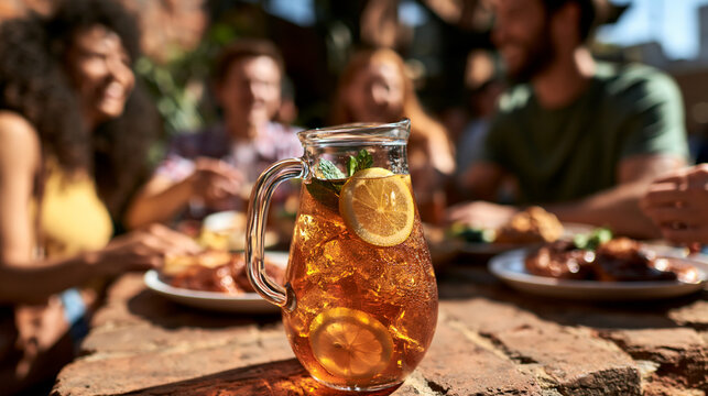 Fresh Iced Tea Pitcher on Outdoor Table with Friends
