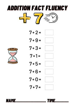 Addition Facts Fluency +7 Timed Math Worksheet for Kids