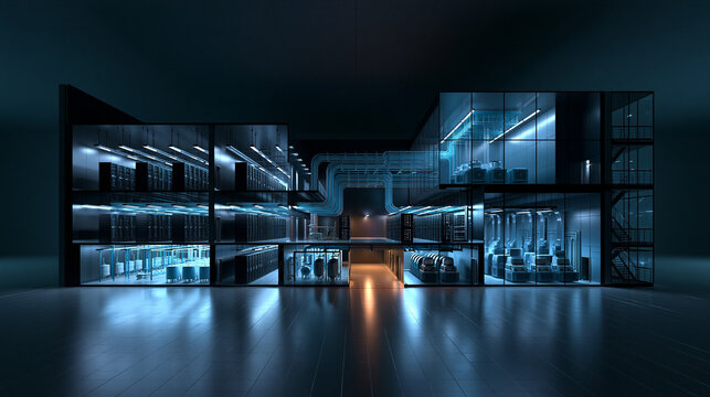 Futuristic Data Center Building Cutaway Showing Server Racks and Infrastructure
