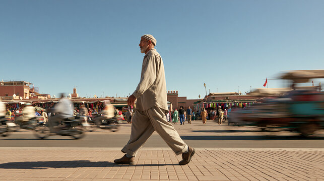 Senior Moroccan Man Walking Across Jemaa el-Fnaa Square