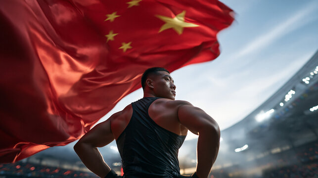 Chinese Male Athlete Standing Proudly with Waving Flag in Stadium