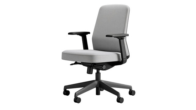 Modern gray office chair with black adjustable arms and base, isolated on transparent background