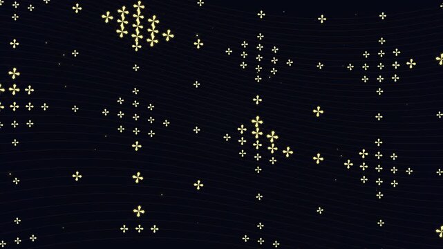 A stunning display of glowing yellow and white dots arranged in patterns that resemble constellations or festive decorations against a dark night sky, creating a captivating and dynamic visual