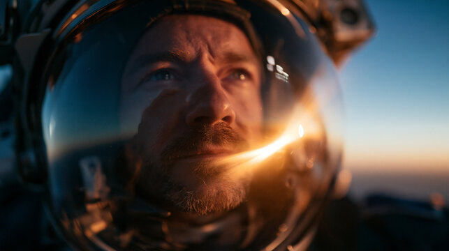 Astronaut in Spacesuit Helmet Looking Up with Sun Flare
