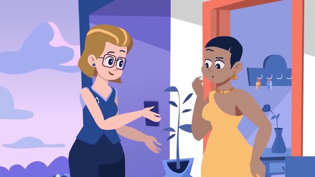 2D animated women chatting friendly outside cafe terrace holding coffee cup, motion graphics vector loop for lifestyle video or social ad