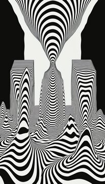 Surreal black and white optical illusion cityscape with wavy patterns