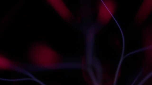 A close-up of the electrical discharge rays from a plasma ball. The plasma ball's rays are in shades of red and purple.