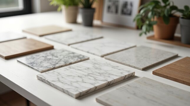 Muestras de encimeras que incluyen cuarzo, m&aacute;rmol, hormig&oacute;n y madera dispuestas sobre la mesa de un dise&ntilde;ador