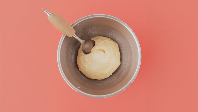Dough Mixture in a Metal Bowl with a Wooden Spoon on Coral Background