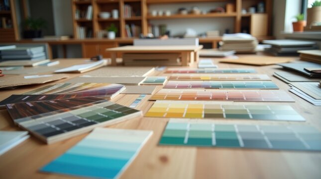 Espacio de trabajo de un dise&ntilde;ador de interiores con docenas de muestras de pintura, abanicos de colores y muestras de madera