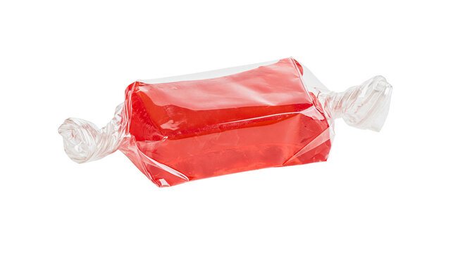 Red candy bar wrapped in clear plastic, isolated on transparent background