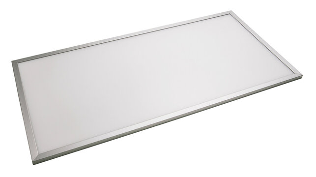 Rectangular flat panel LED light with brushed aluminum frame, isolated on transparent background