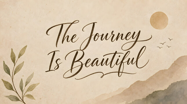 The Journey Is Beautiful text, lettering, motivated by nature's beauty, inspiring quote for personal growth and mindful living