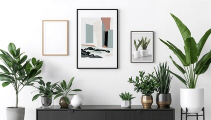 Fototapeta premium Modern Living Room Decor with Indoor Plants and Framed Art on a White Wall