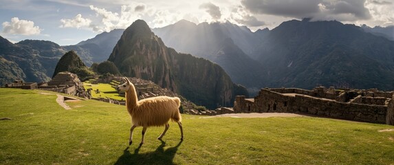 Fototapeta premium Llama Walking Through Machu Picchu Landscape Under Dramatic Mountain Light