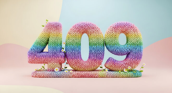 Vibrant knitted numbers 409 with rainbow gradient and lush green leaves, perfect for summer events, birthday decorations, or creative projects.