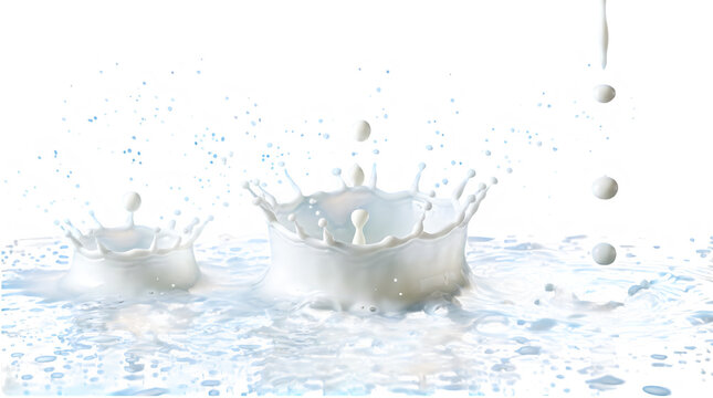 Milk splashes creating crown shaped ripples in liquid with droplets falling on surface isolated on transparent background white dairy beverage explosion food product design.