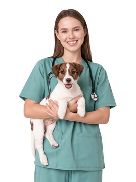 Smiling female veterinarian in green scrubs holding cute Jack Russell Terrier puppy isolated on transparent or white background, png