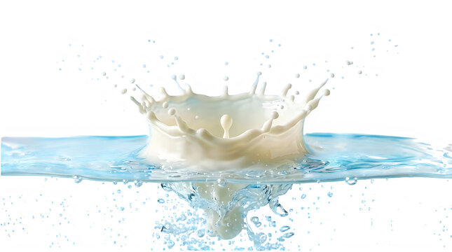 Milk crown splash on water surface creating beautiful droplets and dynamic forms illustrating purity and freshness with ample copy space.