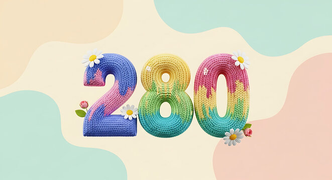 Fun knitted numbers 280 in cheerful pastel rainbow colors with flowers and leaves, perfect for parties, birthdays, and creative projects.