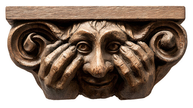 Whimsical gothic misericord carving with playful expression with face hands covering wooden gothic covering eyes craftsmanship sculpture with religious
