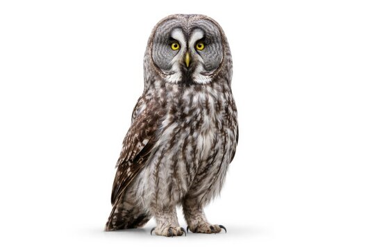 Great Gray Owl Standing Isolated on White Background
