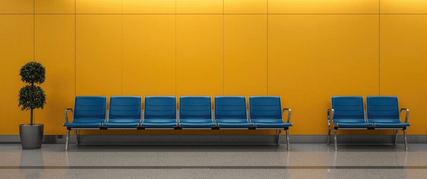 Blue Airport Seating with Potted Plant Against Bright Yellow Wall