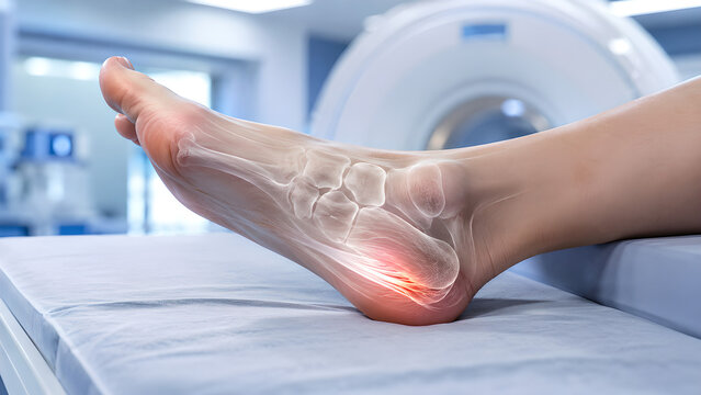 Plantar fasciitis foot radiology concept showing microtears near the calcaneus in a realistic medical imaging scene for healthcare, radiology, medical education, and patient education use
