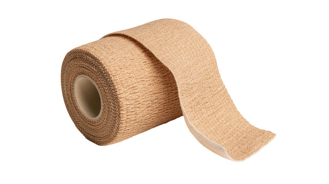 Rolled beige elastic cohesive bandage medical supply, isolated on transparent background