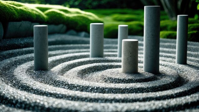 Stone Pillars Arranged in Circular Patterns in a Serene Zen Garden