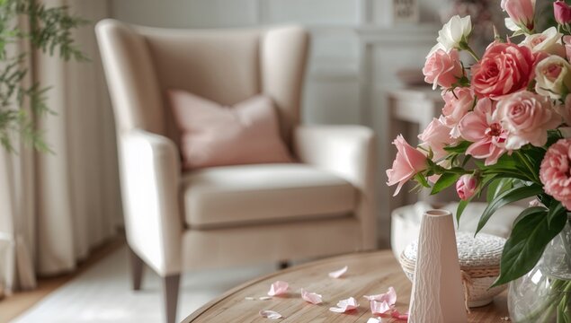 Cozy Living Room Scene with Elegant Armchair and Floral Arrangement