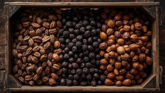 Assorted Nuts and Dried Berries Arranged in a Wooden Crate with Natural Textures