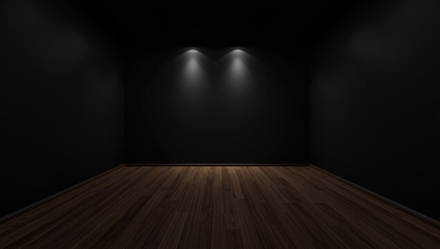 Empty Room with Dark Walls and Wooden Floor Illuminated by Ceiling Lights