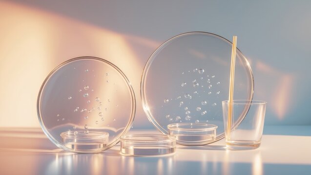 Glass Petri Dishes and Drinking Glass with Bubbles on a Table in Soft Light