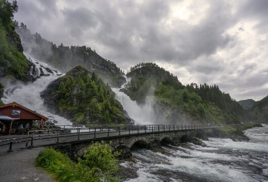 The double waterfall L&aring;tefossen can be found in the Odda Valley in the Vestland province of Norway and has a height of approximately 165 meters.