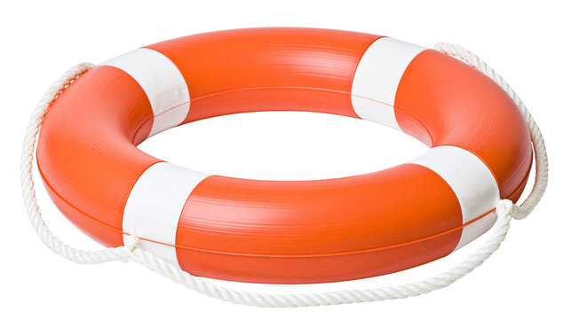 Orange life preserver ring with white stripes and rope, isolated on transparent background