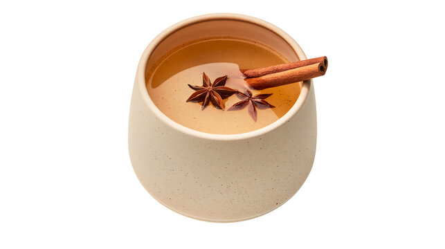 Warm spiced tea in a speckled ceramic mug with star anise and cinnamon stick, isolated on transparent background