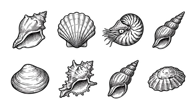 Hand drawn black and white seashell sketches set.