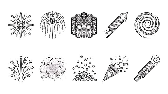 Hand-drawn fireworks and celebration doodle icon set.