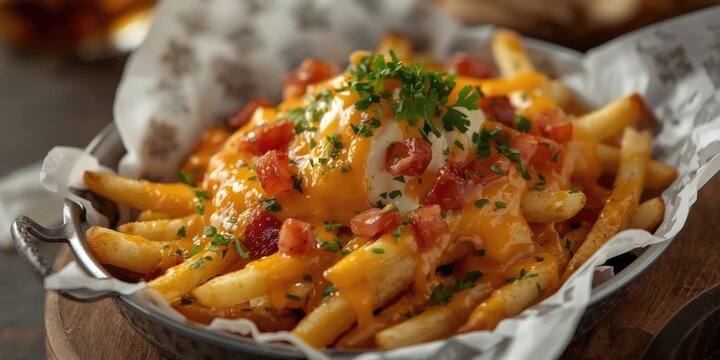 Cheesy Bacon Loaded Fries Topped with Chives in a Rustic Bowl