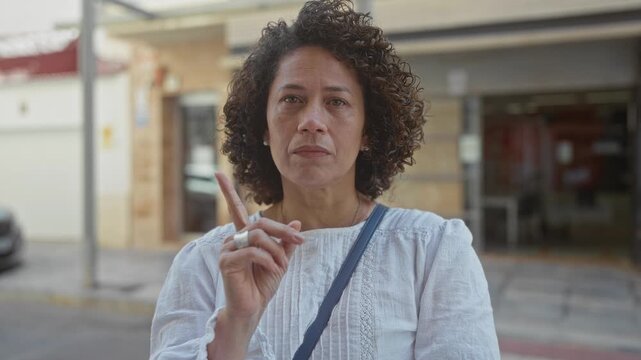 Woman wearing white blouse and crossbody bag strap points finger forward on sunlit street with storefronts behind; determination.