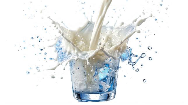 Creamy milk pouring into water glass creating crown splash and droplets on transparent background for fresh beverage design layout and healthy dairy product advertising.